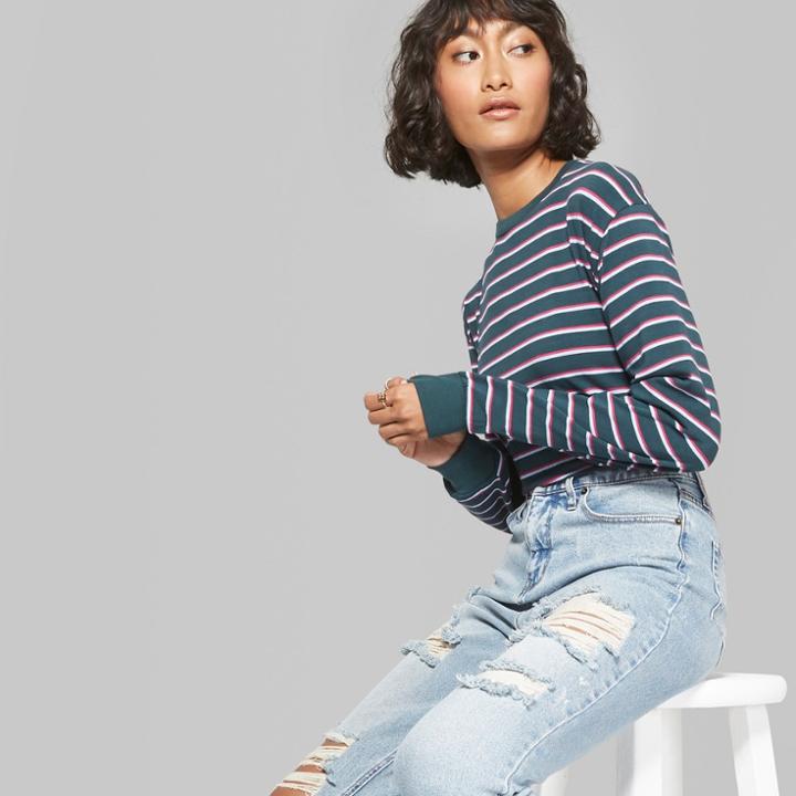 Women's Striped Long Sleeve Skater T-shirt Boxy - Wild Fable Brunswick Green