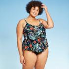 Women's Plus Size Tiered Tankini Top - Aqua Green Black Floral 16w, Women's,