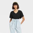 Women's Flutter Short Sleeve Scoop Neck Linen T-shirt - A New Day Black