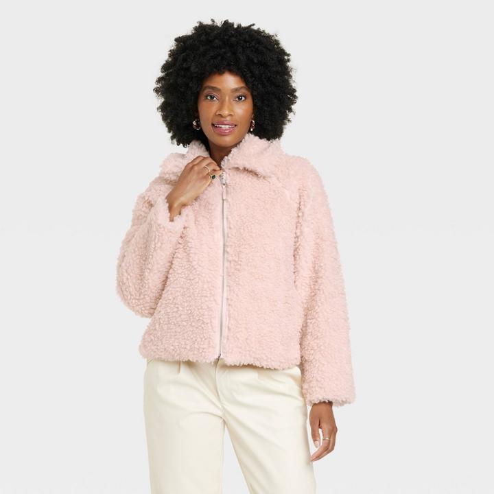 Women's Faux Fur Bomber Jacket - A New Day Pink