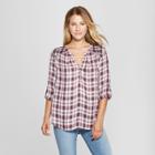 Women's Plaid 3/4 Sleeve Embroidered Popover Top - Knox Rose Mulberry