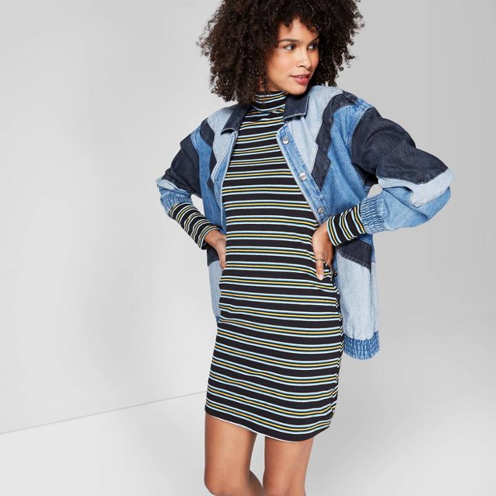 Women's Striped Long Sleeve Mock Turtleneck Knit Dress - Wild Fable Black