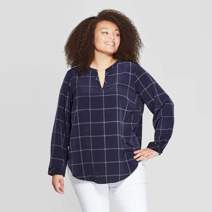 Women's Plus Size Plaid Long Sleeve Crewneck Woven Popover - Ava & Viv Navy X, Blue