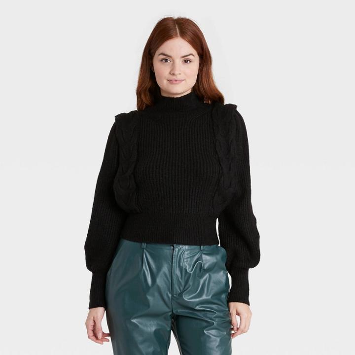 Women's Mock Turtleneck Strong Shoulder Pullover Sweater - Prologue Black