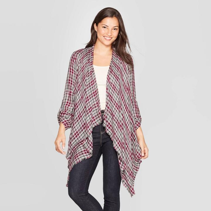 Women's Plaid 3/4 Sleeve With Frayed Cascade Front Kimono Jacket - Knox Rose Mulberry S, Size:
