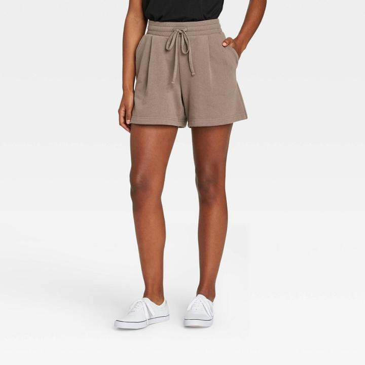 Women's High-rise Tie Waist Knit Lounge Shorts - A New Day Brown