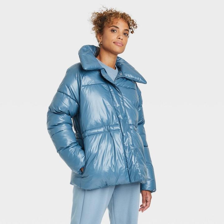 Women's Medium Length Wet Look Puffer Jacket - A New Day