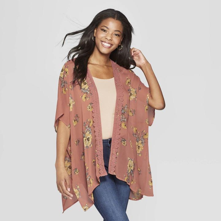 Women's Floral Print Lace Trim Kimono - Xhilaration Rust