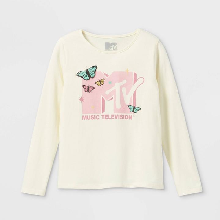 Girls' Mtv Butterflies Long Sleeve Graphic T-shirt - Off-white