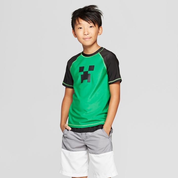 Boys' Minecraft Rash Guard - Black Xs, Boy's, Green