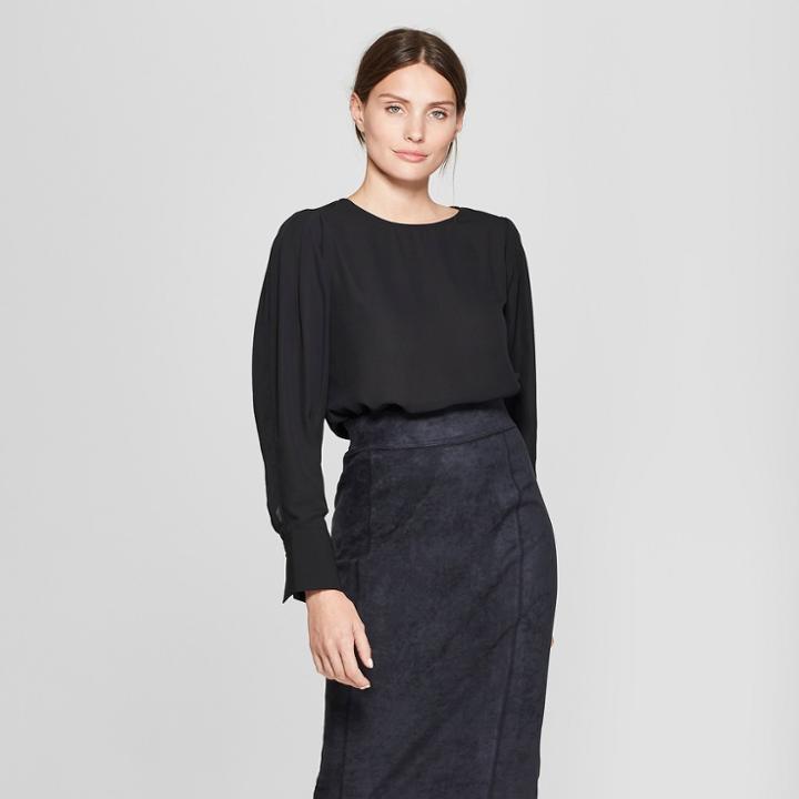 Women's Long Sleeve Puff Shoulder Blouse - Prologue Black
