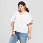 Women's Plus Size Flutter Sleeve Embroidered Blouse - Ava & Viv White X