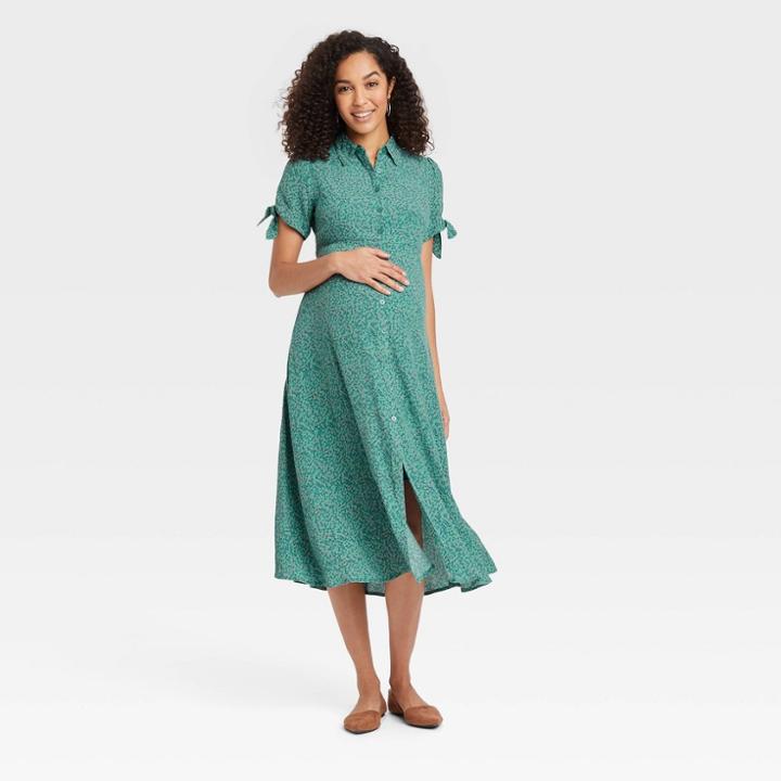 The Nines By Hatch Tie Short Sleeve Shirt Maternity Dress Sage Green Floral