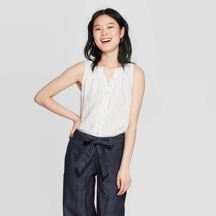 Women's Striped Sleeveless V-neck Button-down Blouse - A New Day Black/white