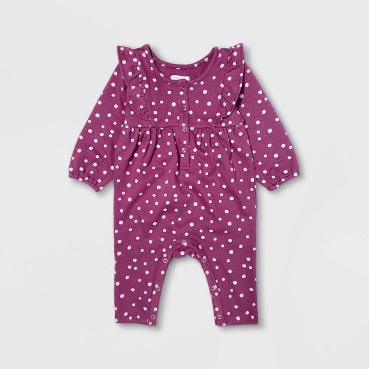 Grayson Mini Baby Girls' Plum Dot Ruffle Long Sleeve Romper - Purple Newborn