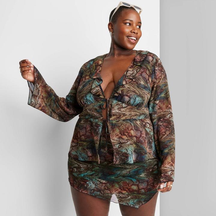 Women's Plus Size Long Sleeve Tie-front Top - Wild Fable Warped Croc