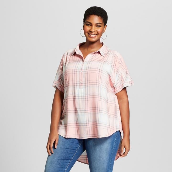 Women's Plus Size Plaid Short Sleeve Button-down Shirt - Ava & Viv Pink X