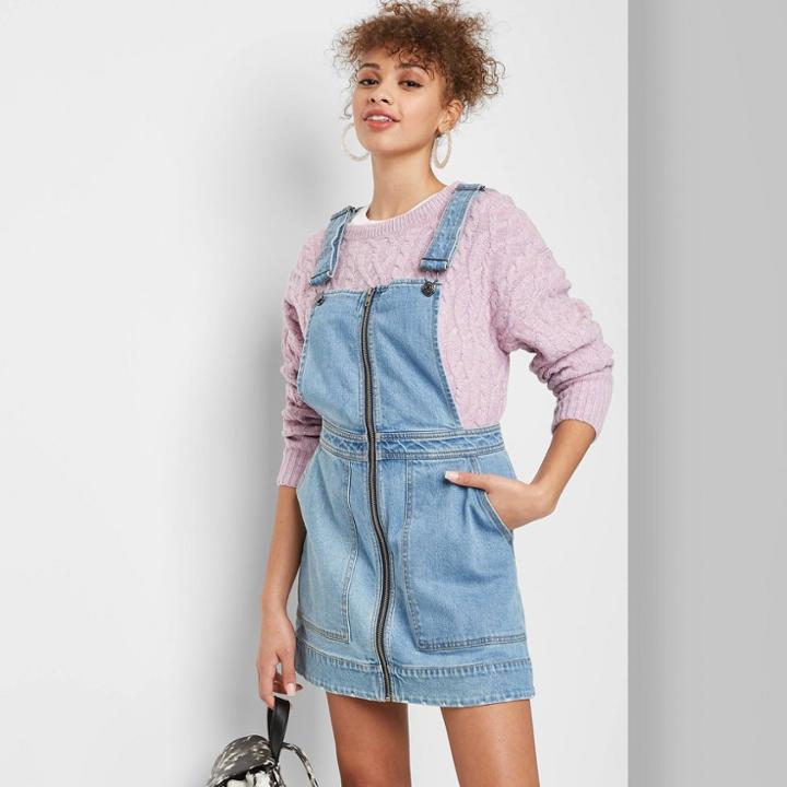Women's Sleeveless Zip Front Square Neck Denim Pinafore Mini Dress - Wild Fable Medium Wash Xs, Women's, Blue