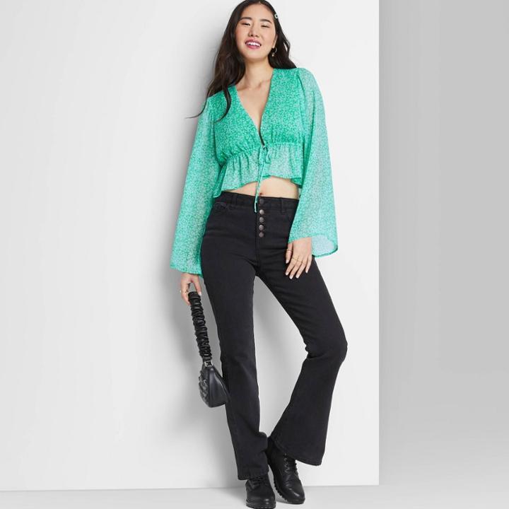 Women's Long Sleeve Tie-front Woven Top - Wild Fable Green Floral