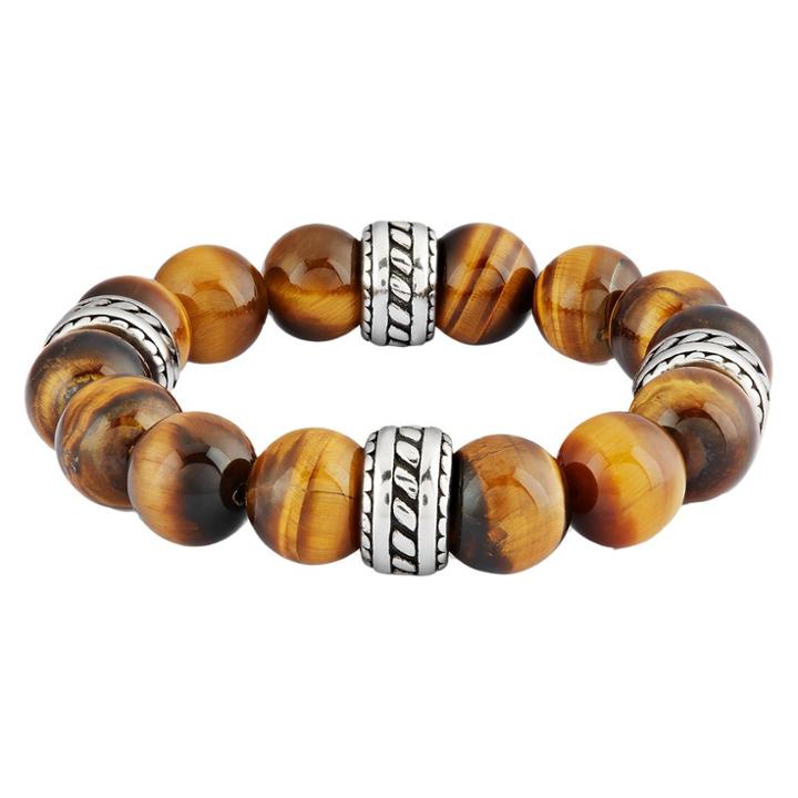 West Coast Jewelry Women's Natural Stone Beaded Stretch Bracelet With Steel - Tiger Eye -