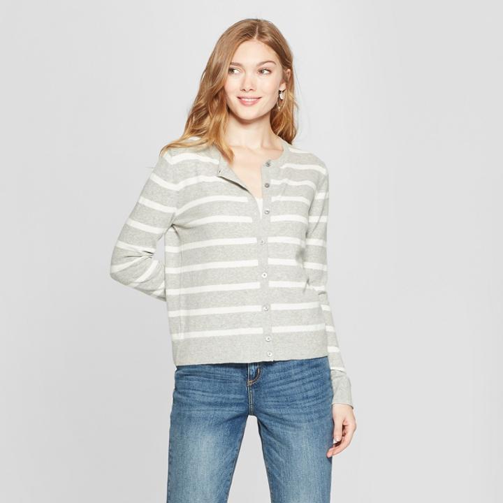 Women's Striped Crewneck Cardigan - A New Day Gray/cream