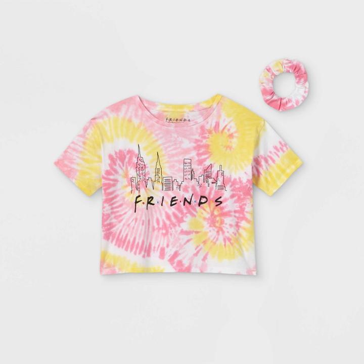 Warner Bros. Girls' Friends Cropped Short Sleeve Graphic T-shirt With Scruchie - Xs, Pink/white/yellow