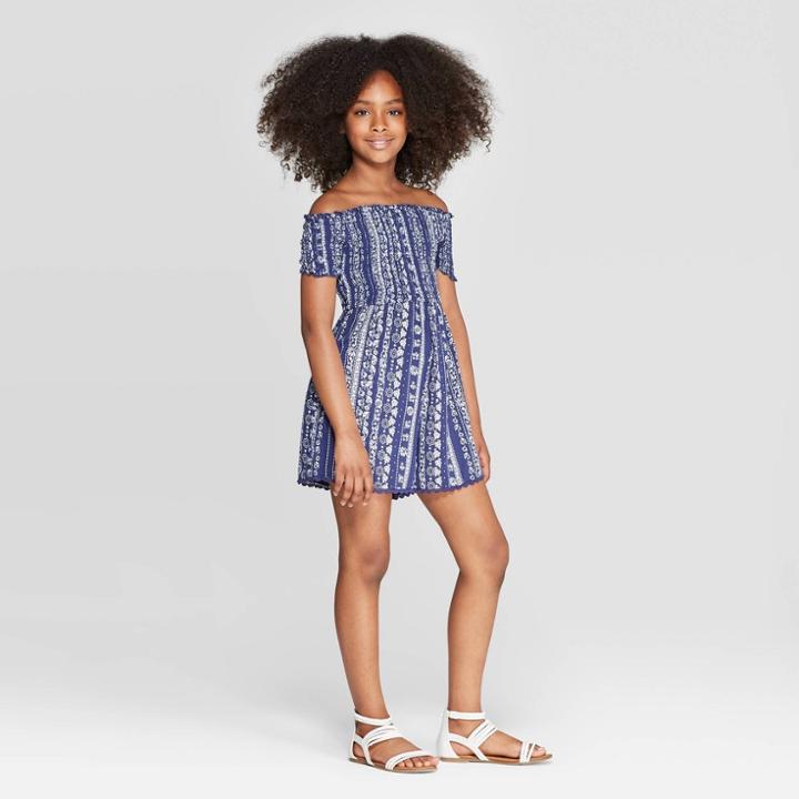 Girls' Smocked Off The Shoulder Romper - Art Class Navy