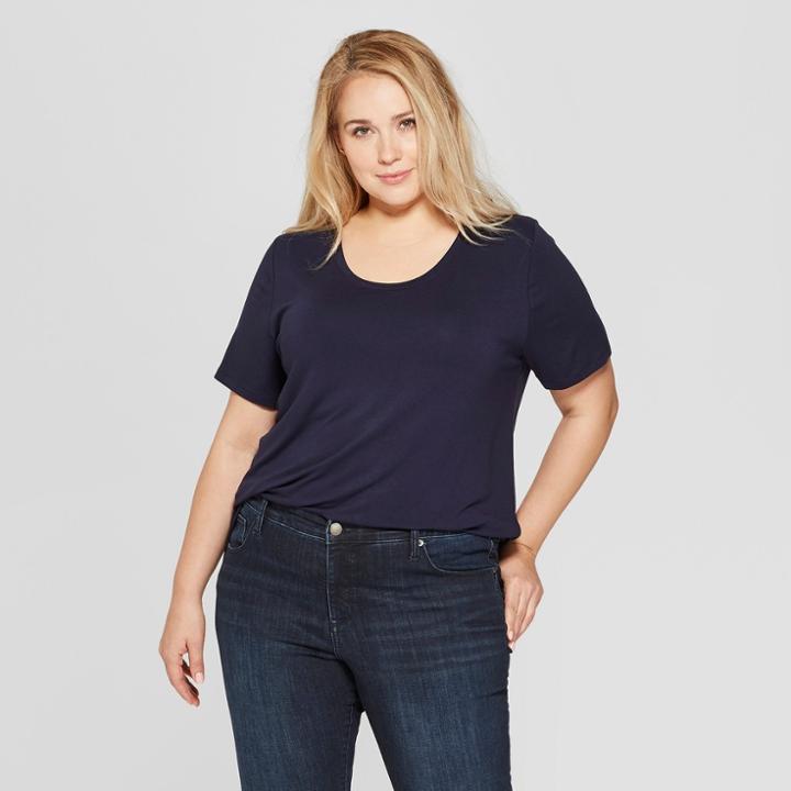Women's Plus Size Short Sleeve Scoop Neck Relaxed T-shirt - Ava & Viv Navy (blue)