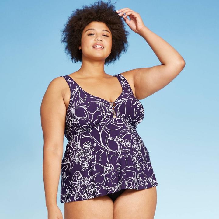 Women's Plus Size Hardware Detail Tankini Top - Aqua Green Purple