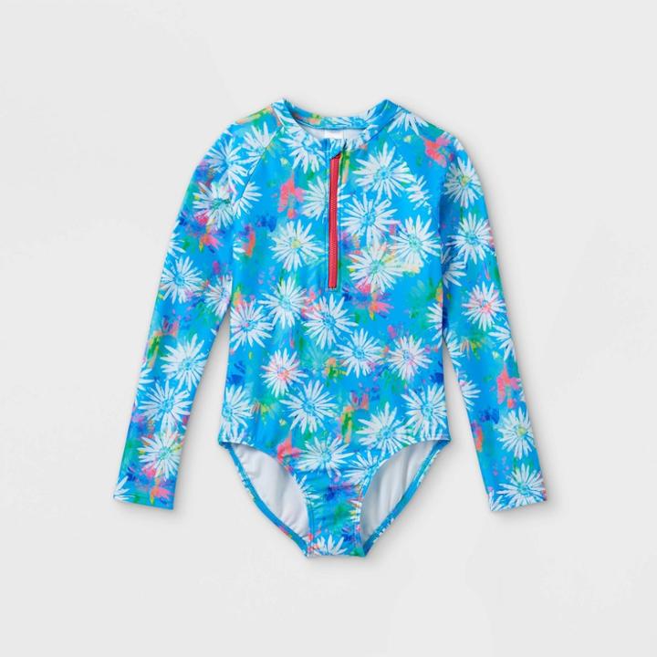 Girls' Flower Fun Zip-front Long Sleeve One Piece Rash Guard - Cat & Jack Blue