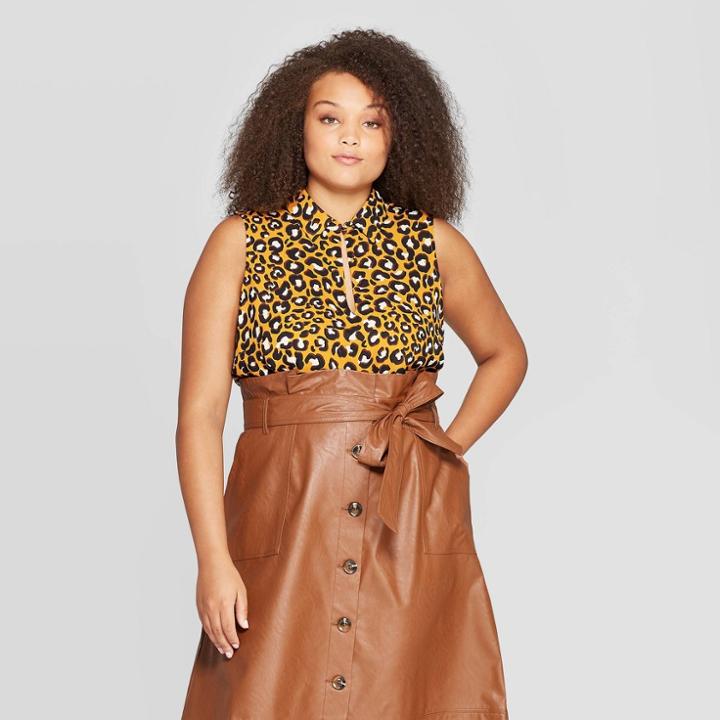 Women's Plus Size Leopard Print Collared Front Button-down Tank Top - Who What Wear Yellow 3x, Women's,
