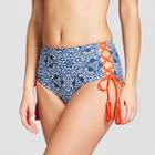 Social Angel Women's Lace-up High Waist Bikini Bottom - Blue/white