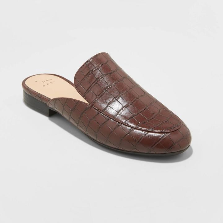 Women's Anney Faux Leather Croc Mules - A New Day Brown