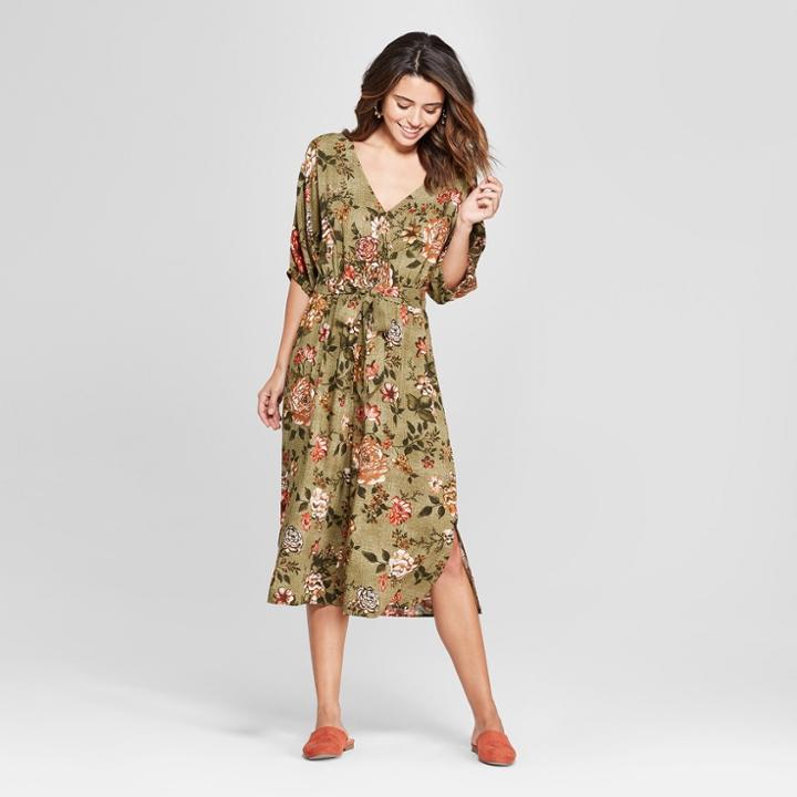 Women's Floral Print Short Sleeve Cropped Jumpsuit - Xhilaration Olive (green)
