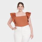 Women's Plus Size Ruffle Top - A New Day Brown