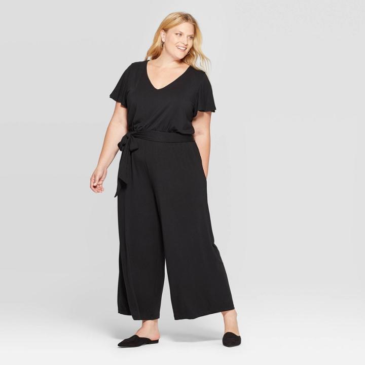 Women's Plus Size Short Sleeve V-neck Knit Jumpsuit - Ava & Viv Black X, Women's
