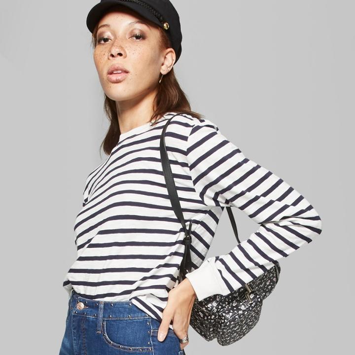 Women's Striped Long Sleeve Skater Boxy T-shirt - Wild Fable White/navy