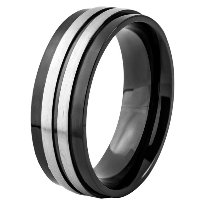 Men's Crucible Blackplated Stainless Steel Brushed And Polished Striped Ring