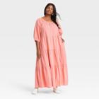 Women's Plus Size Puff 3/4 Sleeve Tiered Dress - Universal Thread Coral