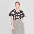 Women's Floral Print Structured Short Sleeve Scoop Neck Top - Who What Wear Black