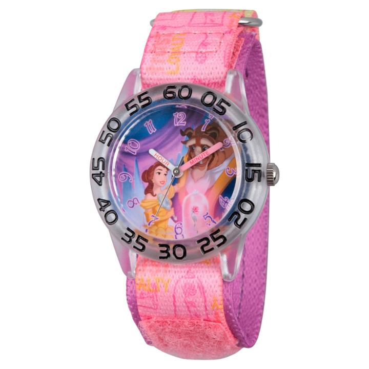 Girls' Disney Princess Belle And Beast Clear Plastic Time Teacher Watch - Pink, Girl's