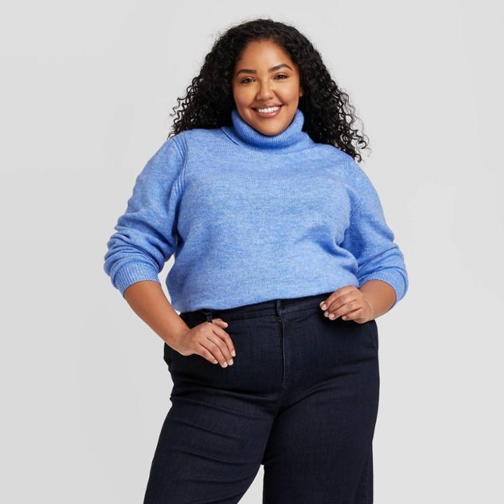 Women's Plus Size Turtleneck Pullover Sweater - A New Day Blue