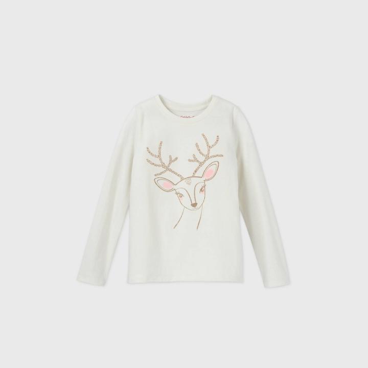 Girls' Long Sleeve Deer Graphic T-shirt - Cat & Jack Cream
