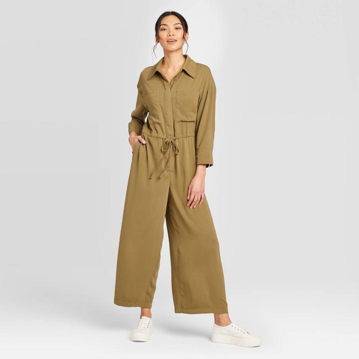 Women's Long Sleeve Collared Wide Leg Jumpsuit - Prologue Olive Xs, Women's, Green