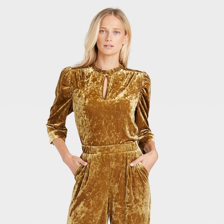 Women's Puff Elbow Sleeve Velvet Top - Who What Wear Mustard Yellow