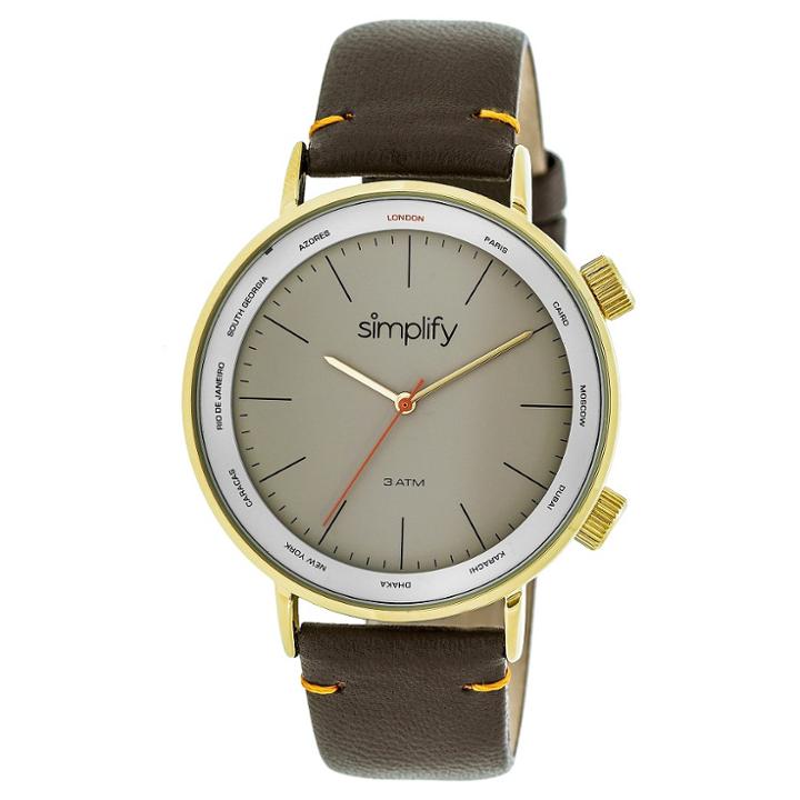 Simplify The 3300 Men's Leather-band Watch - Gold/dark Brown, Dark Chestnut