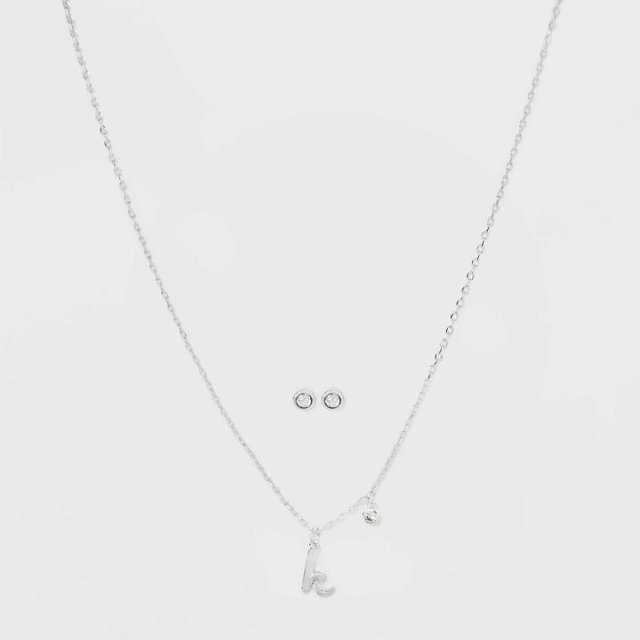 Silver Plated Cubic Zirconia Initial 'k' Chain Pendant Necklace And Earring Set - A New Day