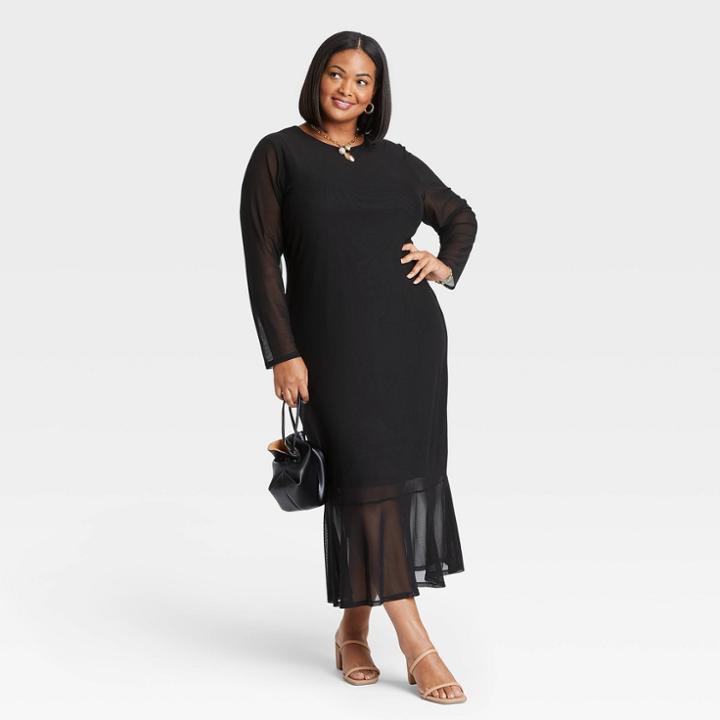 Women's Plus Size Mesh Long Sleeve Dress - Ava & Viv Black