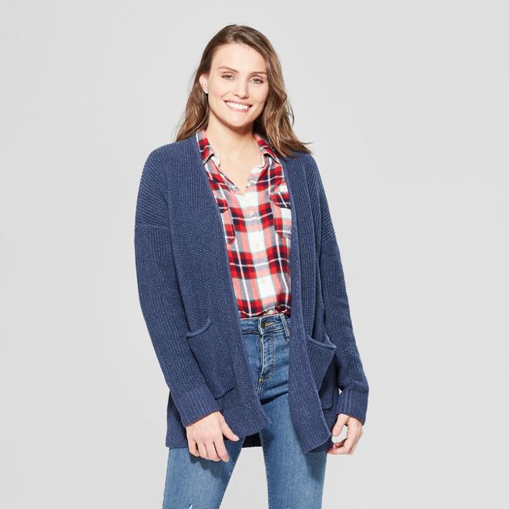 Women's Long Sleeve Cardigan Open Layering - Universal Thread Navy (blue)