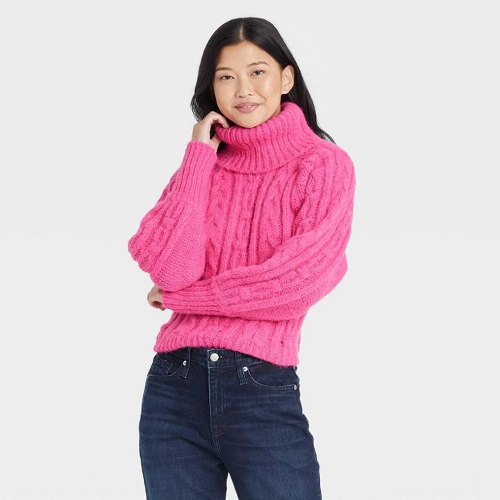 Women's Mock Turtleneck Cable Knit Pullover Sweater - A New Day Pink